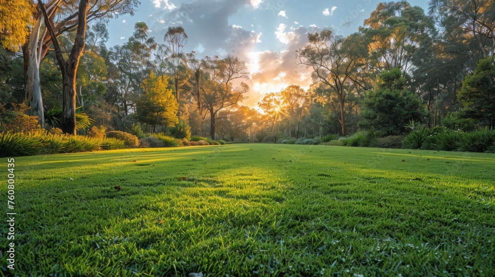 Lush green lawn with trees in the soft morning light at Horsham Botanic Gardens in VIC, Australia. , generated with AI - obrazy, fototapety, plakaty 