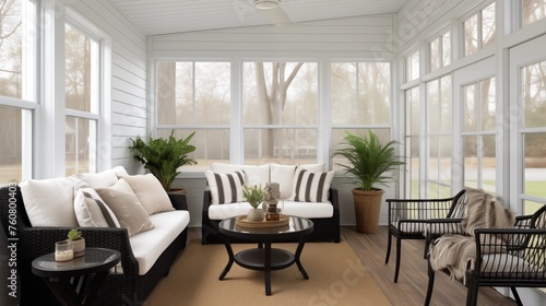 Sunroom featuring soft white shiplap walls and ebony stained floors.