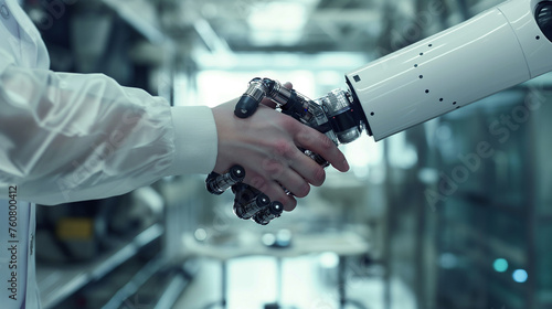 Handshake between human and robot in a research lab, working together for success - Concept about tech innovation, machine learning progress and partnership with future Artificial General Intelligence © Axel
