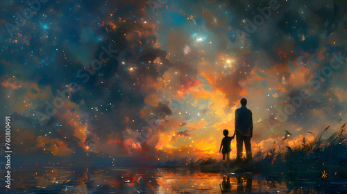 Father and Son Stargazing Together  Beautiful Colorful Illustration