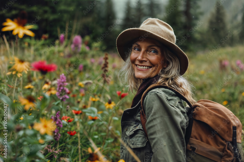 Happy Adventurous Woman Hiking in Lush Flower Meadow Happy Adventurous Woman Hiking in Lush Flower Meadow