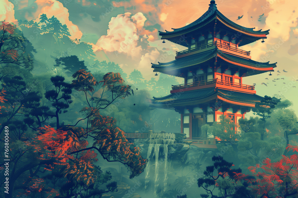 Traditional history asian Japanese Chinese temple building tower garden nature outdoor background. Graphic Art - obrazy, fototapety, plakaty 