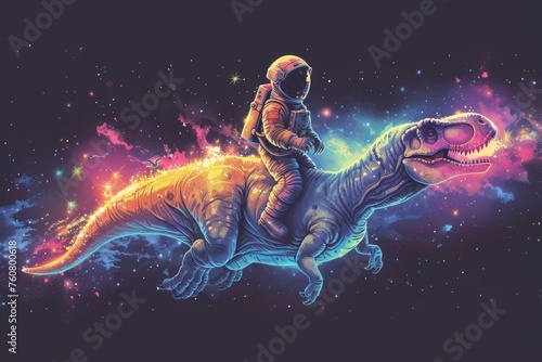Minimalist cartoon design of an astronaut riding a t-rex in space , generated with AI
