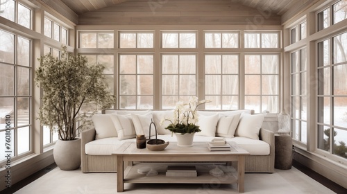Sunroom featuring whitewashed cedar walls and espresso stained beams.