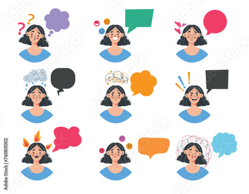 People with different emotions flat cartoon graphic design illustration set