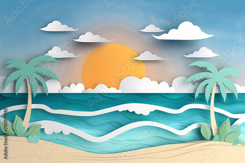 Beautiful tropical beach landscape at sunset  picturesque palm trees  playing waves  light clouds papercutting style  tourism concept  travel  beach holidays  spa industry  relaxation