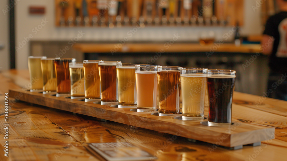 Craft beer tasting: A lineup of beer glasses filled with various types of beer, sits neatly on top of a rustic wooden table of a craft beer brewery Craft beer tasting: A lineup of beer glasses filled with various types of beer, sits neatly on top of a rustic wooden table of a craft beer brewery