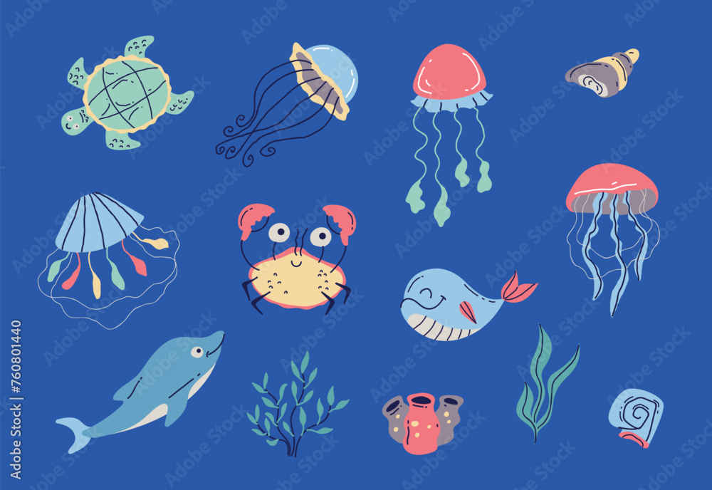 Fototapeta premium Sea bottom with creature animals fish and plants. Underwater marine flat cartoon graphic design illustration