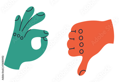 Thumb up and down like dislike button concept. Vector flat graphic design illustration