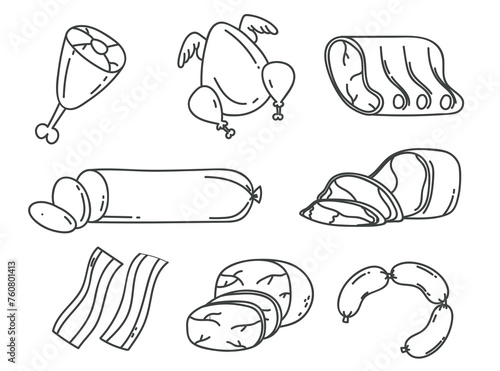 Meat food raw steak chicken beef pork sausage barbecue isolated set collection concept. Vector graphic design element illustration