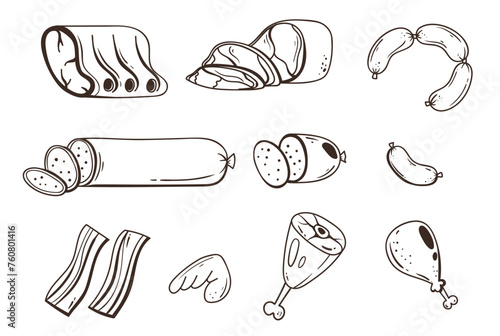 Meat food raw steak chicken beef pork sausage barbecue isolated set collection concept. Vector graphic design element illustration