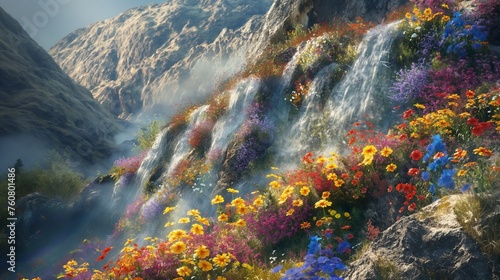 A cascade of vibrant wildflowers tumbling down a rocky cliffside, their colors contrasting with the rugged terrain.