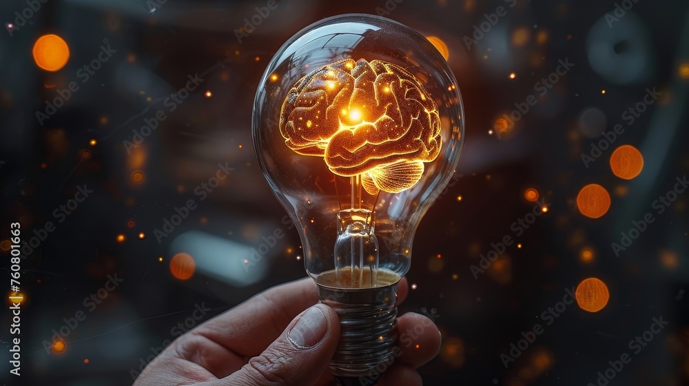 Hand holding a Lightning human brain inside a light bulb Stock ...