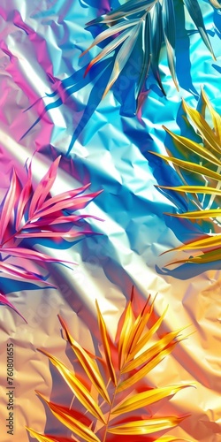 abstract background with colorful palm leaves on pink, blue and yellow background. Happy summer vibes