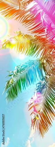 abstract background with colorful palm leaves against blue sky. Happy summer vibes