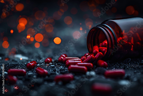 Spilled red capsules from a glass bottle with bokeh lights in the background. Close-up healthcare photography with a warm glow and reflective surface. Medical concept design for health articles, pharm photo