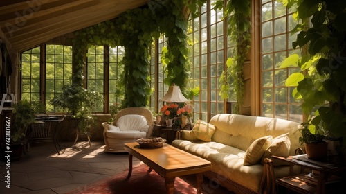 Sunroom highlighting indoor vines and trailing greenery.