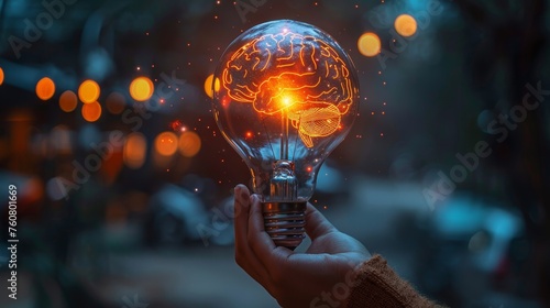 Hand holding a Lightning human brain inside a light bulb