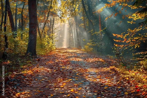 Autumnal forest pathway Covered in fallen leaves With rays of sunlight piercing through the vibrant foliage.