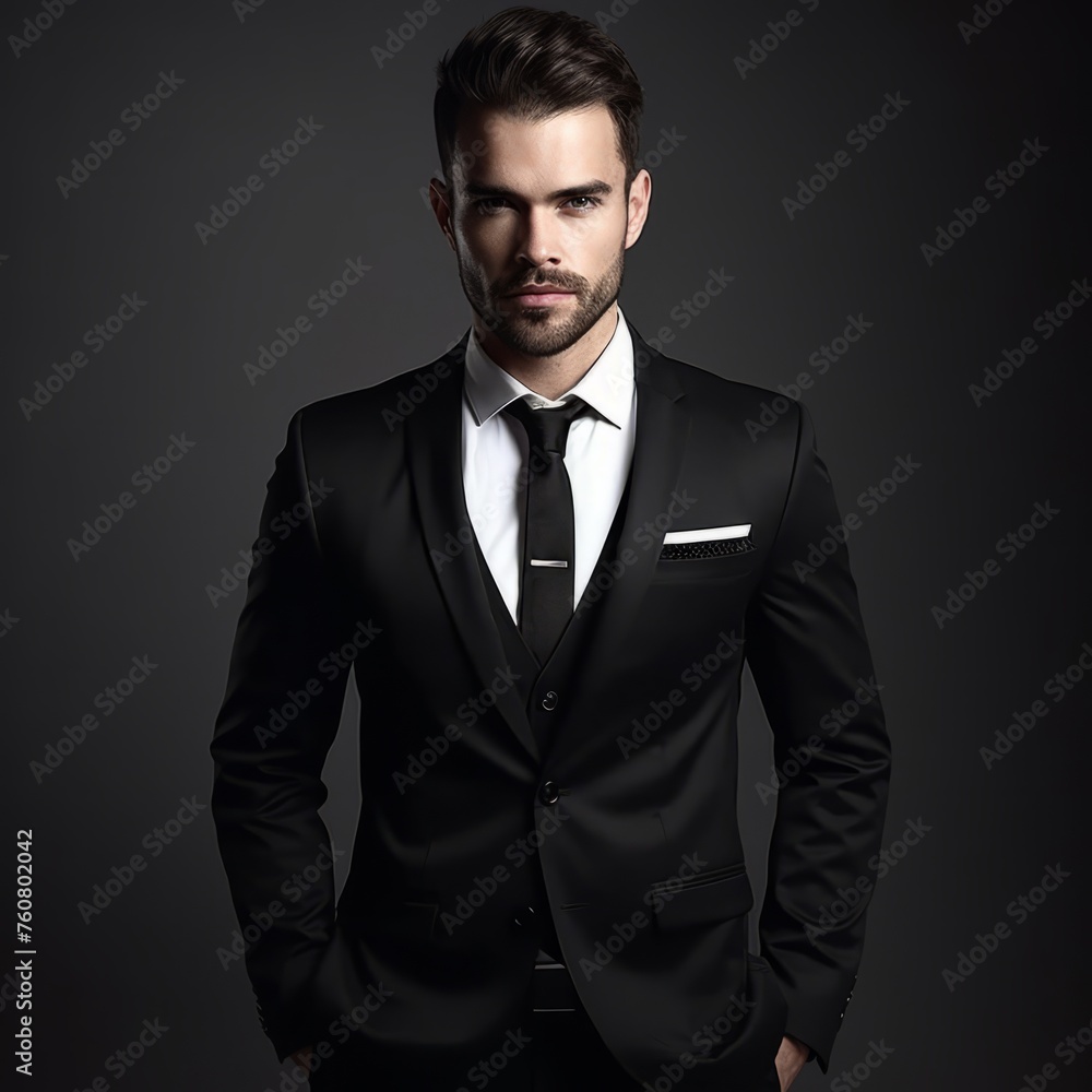 Portrait of a brutal stylish man with a beard in a classic costume on a dark background. Man in classic formal clothes closeup. Concept of successful adult male style. Portrait of a brutal stylish man with a beard in a classic costume on a dark background. Man in classic formal clothes closeup. Concept of successful adult male style.