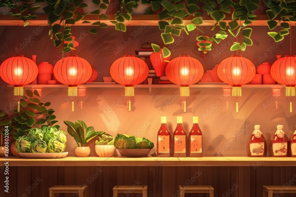 illustration of a chinese restaurant with red chinese lanterns. Postcard. Background. Banner with place for text. Advertising
