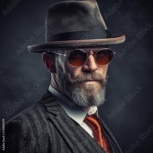 Portrait of a brutal stylish man with a beard in a classic costume and a hat on a dark background. Man in classic formal clothes and glasses closeup. Adult male style.
