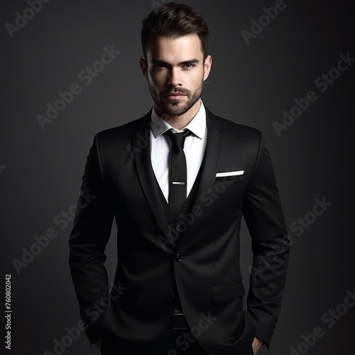 Portrait of a brutal stylish man with a beard in a classic costume on a dark background. Man in classic formal clothes closeup. Concept of successful adult male style.