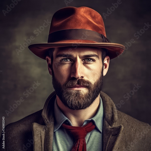 Portrait of a brutal stylish man with a beard in a classic costume and a hat on a dark background. Man in classic formal clothes closeup. Adult male style.