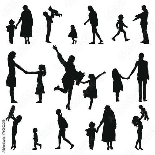 A mother and child holding hands walking together silhouette black filled vector Illustration icon. Set of Mother's and Child silhouette. Family parent and childs silhouettes set. children silhouette