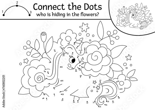 Vector dot-to-dot and color activity with unicorn hiding in flowers. Fairytale connect the dots game for children with cute fantasy animal. Magic world coloring page for kids. Printable worksheet.