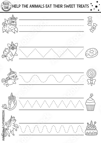 Vector handwriting practice worksheet with unicorn, llama, cat and sweet treats. Fantasy printable black and white activity for kids. Tracing game for writing skills. Magic world coloring page
