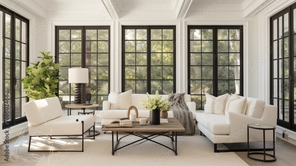 Sunroom in creamy whites and light grays plus matte black metal trim. Sunroom in creamy whites and light grays plus matte black metal trim.