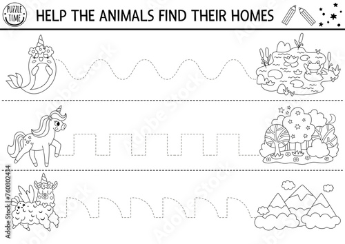 Vector handwriting practice worksheet with unicorn, llama, narval and their homes. Fantasy printable black and white activity for kids. Tracing game for writing skills. Magic world coloring page.