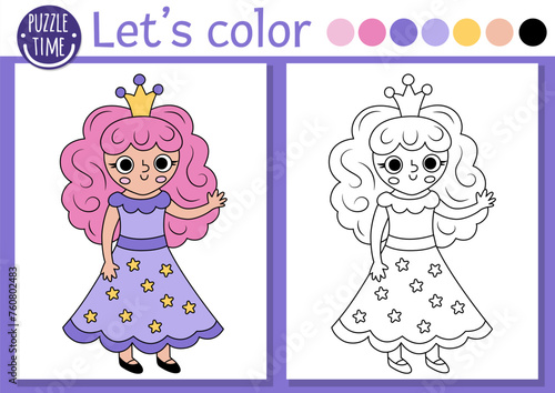 Coloring page for children with fairy girl, crown. Vector fairytale outline illustration. Fantasy color book for kids with colored example. Magic world drawing skills printable worksheet with princess