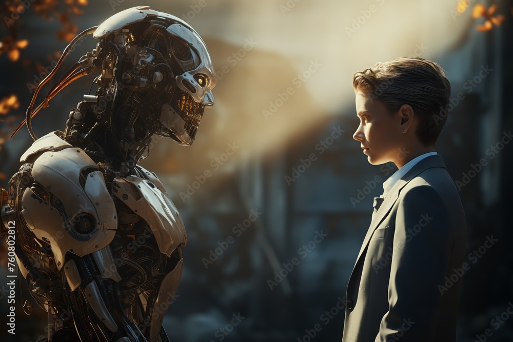 Boy and robot contemplating in an autumn scene Boy and robot contemplating in an autumn scene