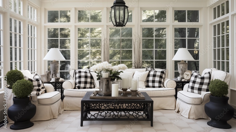 Sunroom in crisp whites and soft tans with black wrought iron details