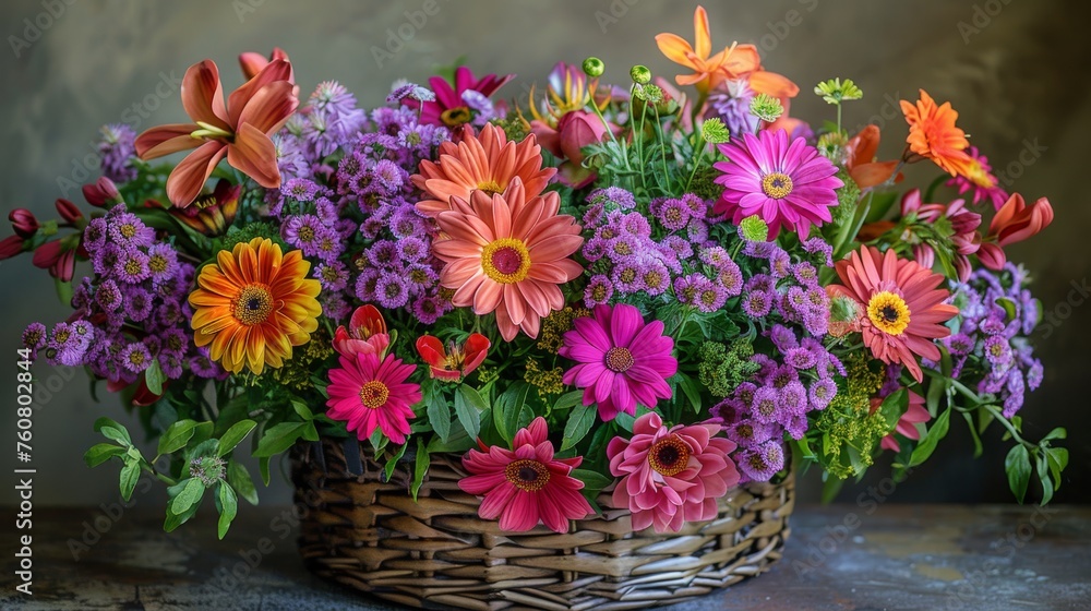 Basket Filled With Colorful Flowers