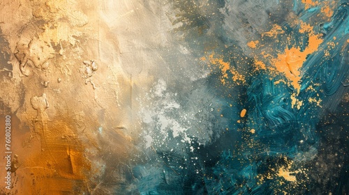 An abstract oil paint background with a metallic sheen, incorporating silver, gold, and copper tones for a luxurious texture.