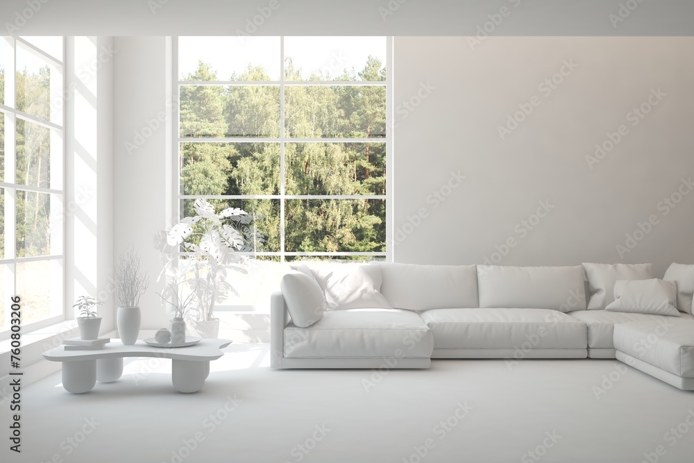 Bright interior design with modern furniture and summer landscape in window. 3D illustration - obrazy, fototapety, plakaty 
