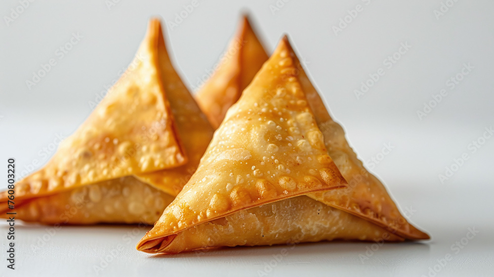 Fried samosas on a white background. Close-up food photography of traditional Indian pastries with copy space. Asian cuisine and snack concept. Design for restaurant menu, culinary blog, recipe book.