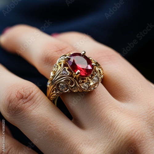 Beautiful ruby ring lying on a female hand. Red ruby cocktail ring with small diamonds, yellow gold and beautiful patterns on a female finger. Ruby ring with a unique special design, high jewelry