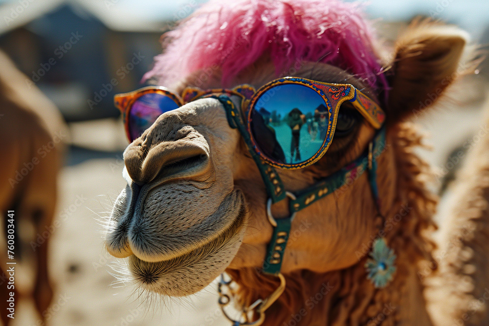 Naklejka premium Hippie camel with a pink mane in sunglasses on a blurred background. Generated by artificial intelligence