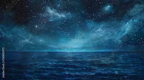 A calm and mystical sea under a starry night sky, depicted in an oil painting style.