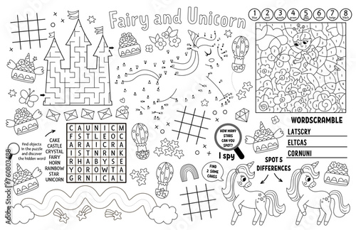 Vector unicorn placemat for kids. Fairytale printable activity mat with maze, tic tac toe, connect the dots, find difference. Black and white play mat, coloring page with fairy, rainbow, princess.