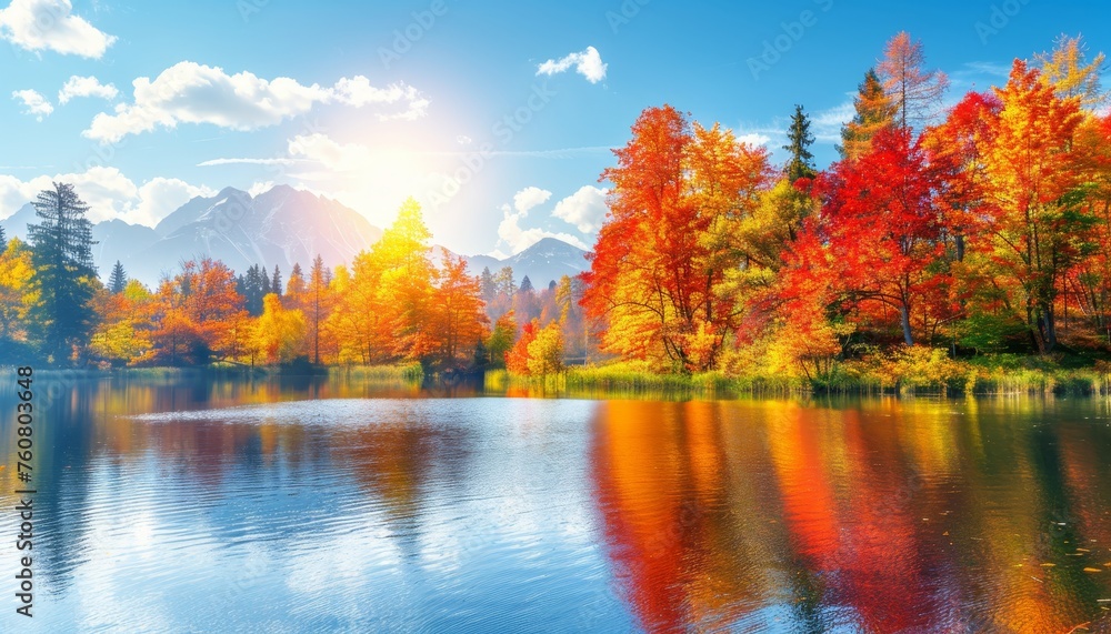 Colorful high tatra lake in early autumn  stunning mountain sunrise for hiking adventure