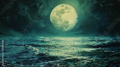 A conceptual piece featuring a moonlit sea with a surreal touch, crafted in an oil painting manner.