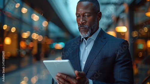 Man in Suit Analyzing Tablet
