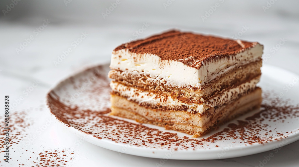 Tiramisu dessert with whipped cream topping and cocoa powder. Selective focus food photography with chocolate pieces and cocoa on white background. Italian cuisine and sweet treat concept with copy sp Tiramisu dessert with whipped cream topping and cocoa powder. Selective focus food photography with chocolate pieces and cocoa on white background. Italian cuisine and sweet treat concept with copy sp