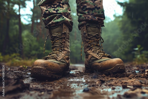 Rugged Army boots dirty outdoor. Combat dirt. Generate Ai