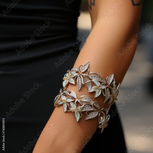Beautiful diamond bracelet with floral patterns and white gold. A wide silver bracelet with small diamonds and floral shapes. Big golden bracelet with a petal pattern on a woman's smooth skinned hand.
